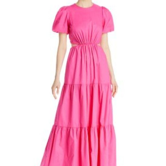 WAYF Plaza Cutout Puff Sleeve Maxi Dress Hot Pink Cotton Size Small - Picture 1 of 7